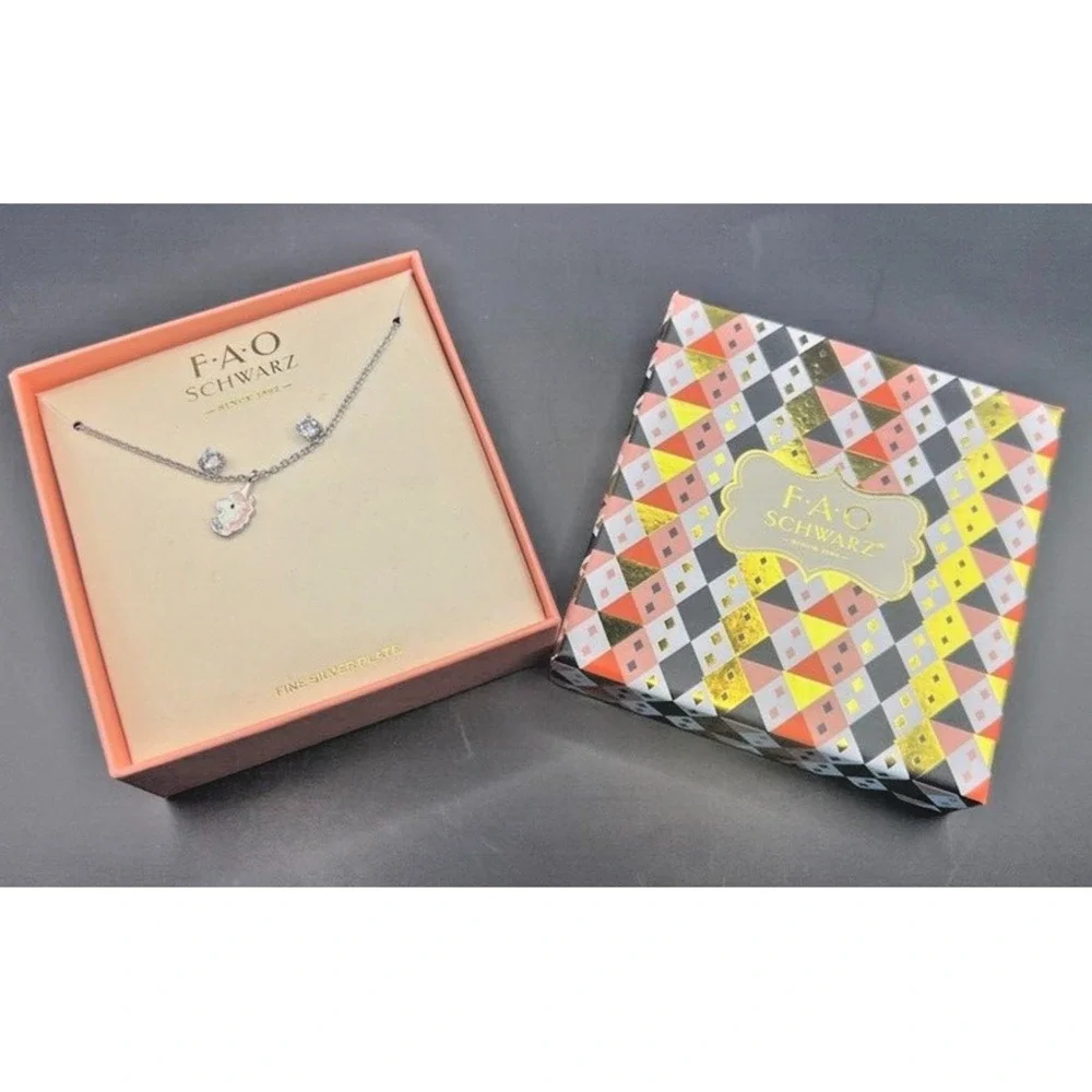 FAO Schwarz Childrens Unicorn Necklace & Earrings Set Fine Silver Plate Gift Box